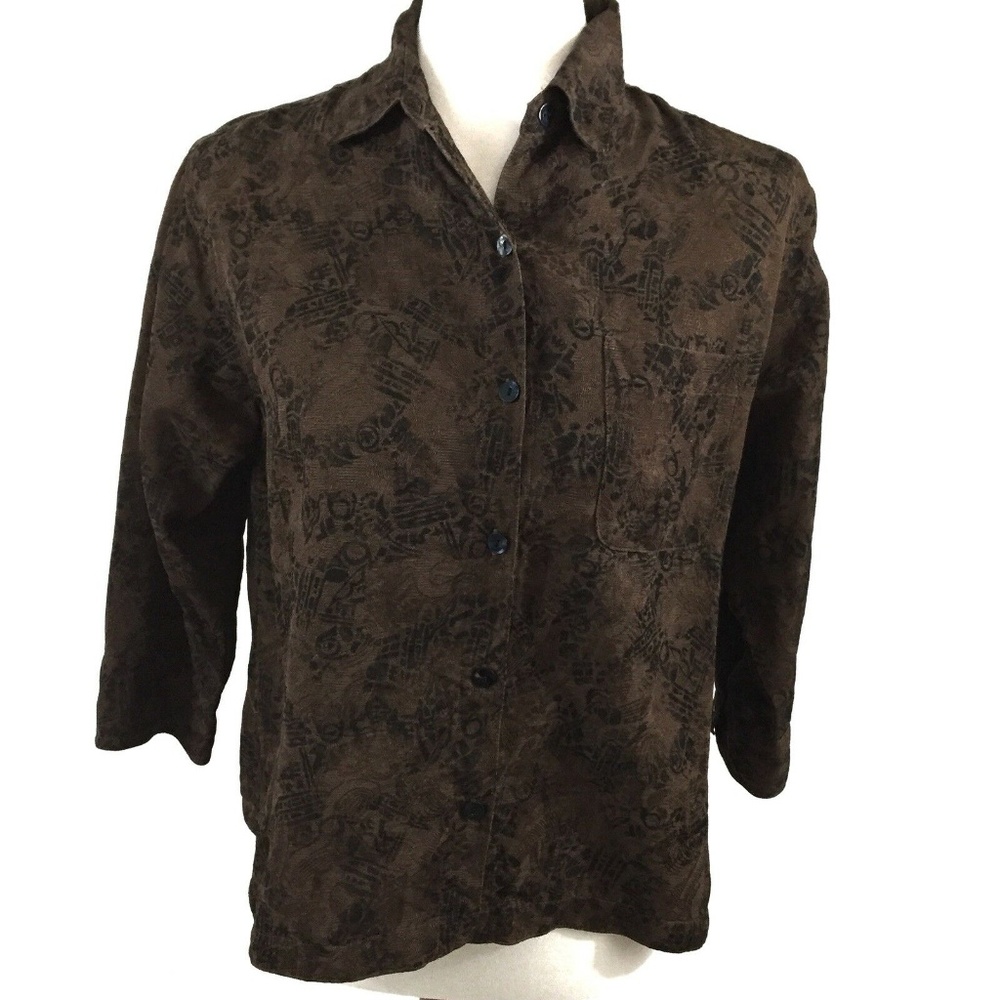 Chicos Button Front 3/4 Sleeve Blouse Silk Linen Brown Size 0 Traditional Size 4